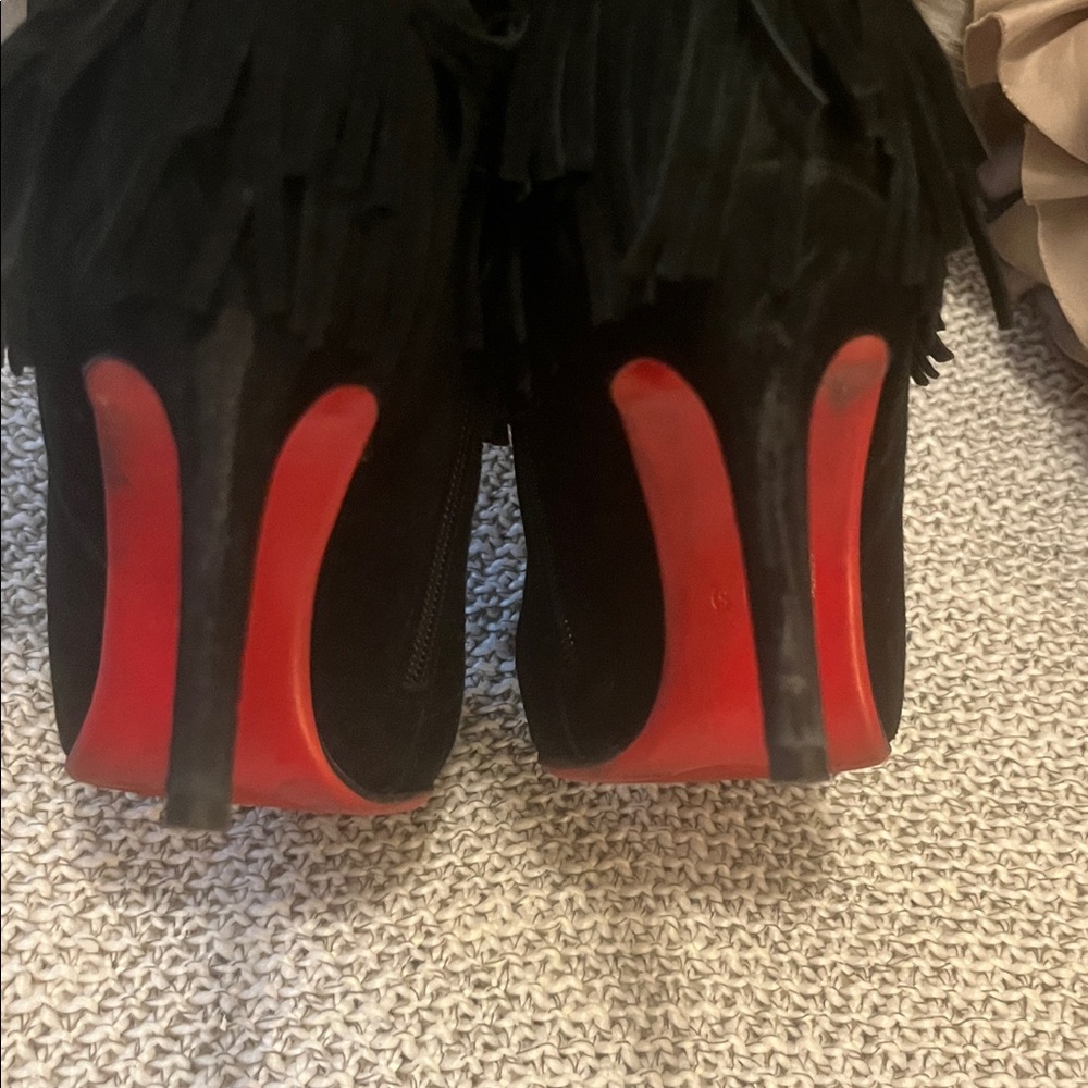 Black Suede Woman’s Pointed Toe Fringe Red Sole Stiletto Heel Ankle Booties - Picture 8 of 16